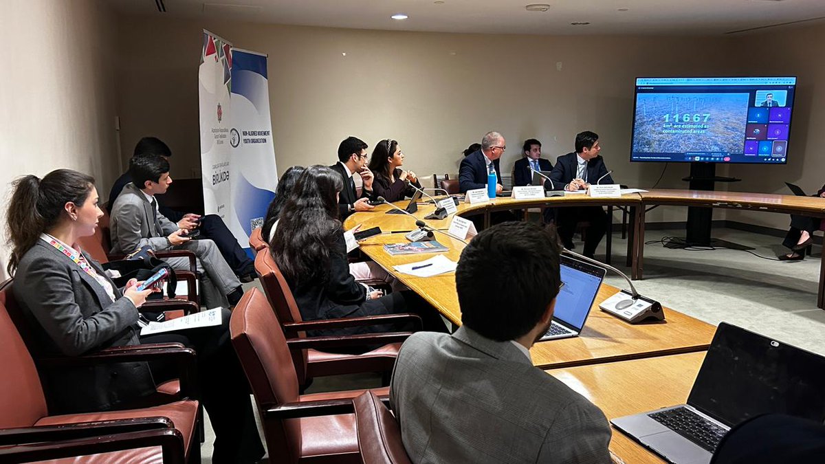 AzmissionUN's tweet photo. On the margins of the 2026 ECOSOC #YouthForum, the Non-Aligned Movement Youth Organization (NAMYO) and the National Assembly of Youth Organizations of the Republic of Azerbaijan (NAYORA), with the support of the Permanent Mission of the Republic of Azerbaijan to the United Nations, organized a side event under the theme “Rebuilding Safely: The Role of Mine Action in Urban Reconstruction” on 16 April 2026 at United Nations Headquarters.
The Deputy Permanent Representative, Mr. Elvin Ashrafzade, welcomed youth representatives and underscored that ensuring safety is a prerequisite for rebuilding cities. He highlighted the importance of harnessing the potential of young people in advancing effective mine action, particularly through the use of modern technologies.
Mr. Richard Boulter, Chief of Design, Operational Support and Oversight at the United Nations Mine Action Service, delivered a presentation on the challenges of mine action in urban reconstruction, outlining key technical and operational constraints. He emphasized that sustained support, coupled with a clear strategic vision, can lead to tangible progress.
Mr. Elnur Gasimov, Head of the Quality Control Department of the Azerbaijan National Agency for Mine Action (ANAMA); Ms. Leyla Hasanova, Chairperson of NAMYO; and Mr. Rafael Hajibayli, Chairman of NAYORA, also delivered remarks, highlighting measures undertaken in their respective capacities. They emphasized the importance of awareness-raising in mine action, strengthened international cooperation, and Azerbaijan’s national efforts in this field.
The event featured fruitful discussions among representatives and youth delegates from Member States, international organizations, academia, and civil society participating in the 2026 ECOSOC Youth Forum.