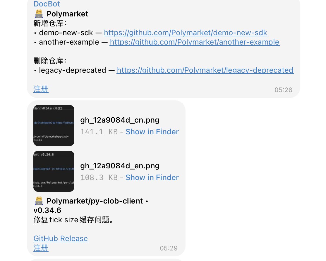 lnkybtc's tweet photo. 计划把代表预测市场这个领域发展最重要的一些信息面集中推广给社区。正在开发一个各主流平台的消息动态归集、实时推送的 Bot 和频道，内容将包括一些主流预测市场（暂包括 Polymarket、Kalshi、Predict fun、Limitless、Opinion、及传闻即将入局的 Hyperliquid）的开发动态，包括几个方面的信息：

1. 产品层：平台文档任意细节变更（feature 落地后的成文表达、用户前台的交互/集成引导、安全与免责声明等）
2. 技术层：主要 Github 代码仓库变更（反映一些早期、试验性的开发意图，也包括一些底层架构/智能合约级别的设计变更，及接口/builder/broker合作方案/fee 结构的框架条目变更等）
3. 运营层：Discord 官宣频道更新（显然会存在一些噪音，胜在沟通效率和一些特殊的澄清和公关信息。会加上过滤器，先试运行）
4. 流动性层：重要的链上事件播报（如 Polymarket 的大型流动性激励注入，代表了一些鲸鱼/内幕者的折现意图）

Bot 会及时将信息用 AI 总结，并且原文翻译为 Jpeg 后推送给各位阅读和使用。

预先加入：
群组：https://t.co/gqNrTjVkkf
频道：https://t.co/dCUbaf8oYH