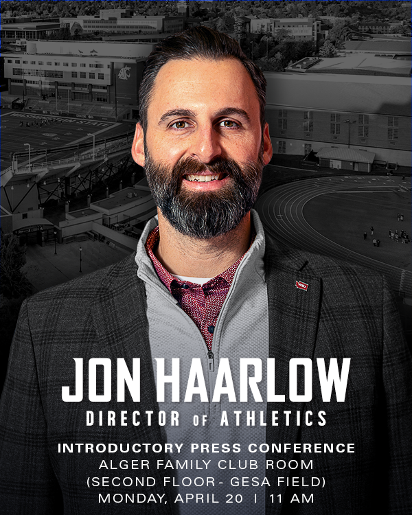 Join us to welcome our new Director of Athletics Jon Haarlow at his introductory press conference.

🗓 Monday, April 20
⏰ 11:00 AM
📍 Alger Family Club Room (Second Floor, Gesa Field)

📰 wsucougars.com/news/2026/4/16…

#GoCougs | #MadeOfCrimson