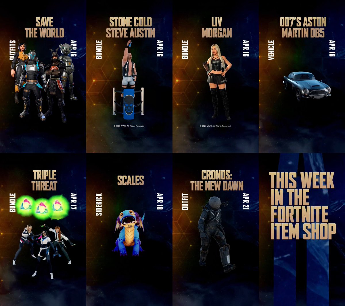 sandiskifn's tweet image. 🛒 Datas de cosméticos na Loja de Itens nos próximos dias! #Fortnite 

HOJE (16)
• Pacotes Salve o Mundo
• Stone Cold Steve Austin
• Liv Morgan
• Aston Martin DB5 do 007

SEXTA (17)
• Pacotão Ameaça Tripla

SÁBADO (18)
• Mascote Escamínea

TERÇA (21)
• Cronos: The New Dawn