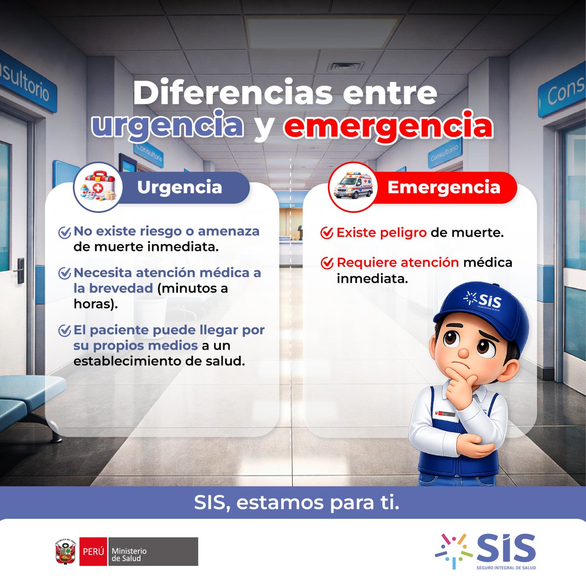 SISPeruOficial's tweet image. #NoTeConfundas 🚨 | Si estás en un establecimiento de salud, debes saber esto:

👉 Una urgencia no es lo mismo que una emergencia. Identificar la diferencia permite una atención oportuna para todos.

SIS, estamos para ti 🫶🏼

#emergencia #urgencia #sis #minsa #centrodesalud