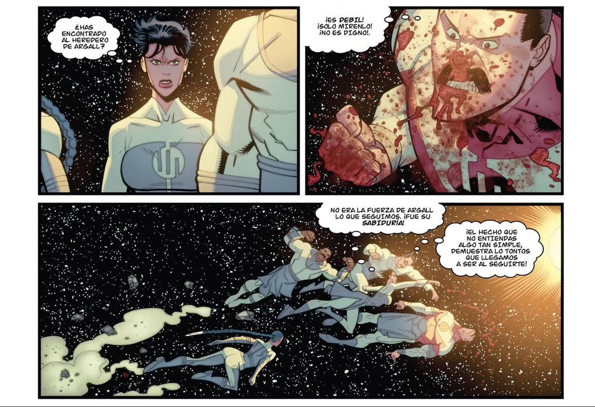 TaroFiction's tweet photo. ¿Es idea mía o buffearon un poco a Thragg en la serie? Digo, considerando que en el cómic esos cuatro lo iban a ejecutar a golpes de no ser porque Nolan los detiene. En la serie da la sensación que Thragg equivale al menos a 20 viltrumitas de élite 😅 https://t.co/MwKRkbzLur