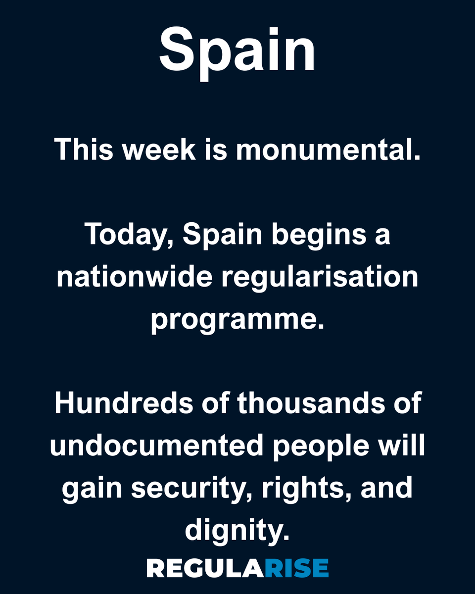 RegulariseUK's tweet photo. Spain just made history 🇪🇸

Up to 500,000 people can now apply to regularise their status.

This wasn’t given — it was won.

By migrant communities.
By collective struggle.

We celebrate in solidarity.
We keep pushing here.

We can win this in the UK too.
#RegularizaciónYa https://t.co/9S44A5f3V6