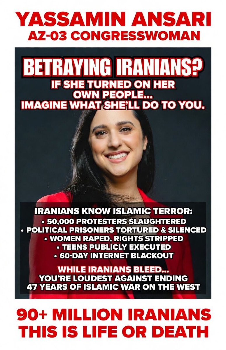 Yassamin Ansari loudest against ending the 47 year terror of ISLAMIC TERRORIST! AZ-03 West Phoenix LATINOS, her mom insults your community. 50k killed, teenagers are hanged publicly, this isn’t politics. If she turned on her own people, imagine what she’ll do to you!