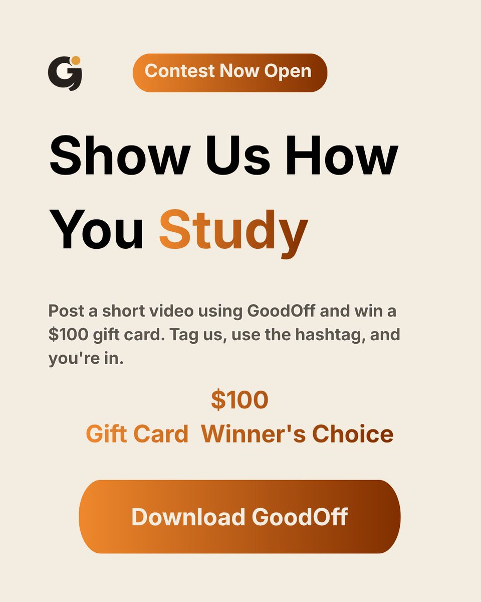 GoodoffInfo's tweet photo. 🚀 Win a $100 Gift Card with #StudyWithGoodOff!
Ready to turn your study sessions into rewards? We’re looking for the best "Study With Me" videos featuring GoodOff, and we’ve got a $100 Gift Card waiting for the winner! 🎁

https://t.co/Cs6NMfA0el
https://t.co/JM7MGBSoVu https://t.co/paEnOmOvUU
