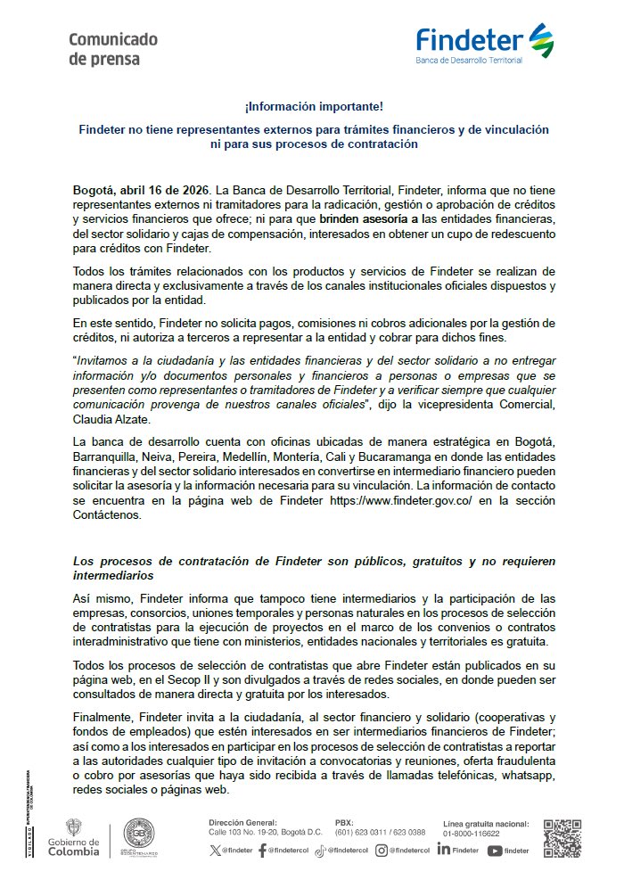 Findeter's tweet photo. Tampoco tiene intermediarios en los procesos de selección de contratistas para la ejecución de proyectos en el marco de los convenios o contratos interadministrativo que tiene con ministerios, entidades nacionales y territoriales. La información sobre las convocatorias está publicada en la página web de la entidad y en SECOP II, y puede ser consultada de manera directa y gratuita por los interesados. 

¡No caiga en estafas!