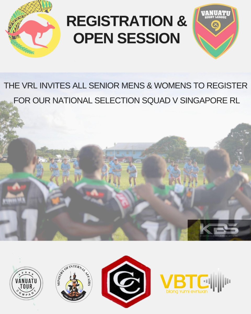 Vanuaturl's tweet photo. Registration &amp; Open Session for @Vanuaturl 
Senior Mens &amp; Womens for National Selection vs @singaporenrl.

Kawenu Field, Saturday Apr 18.

10.30am Registration/Briefing, 11am START for a 2-hour field session.

Open to all rugby league players and officials.
#VRL #YumiWan https://t.co/sAJmohzBTn