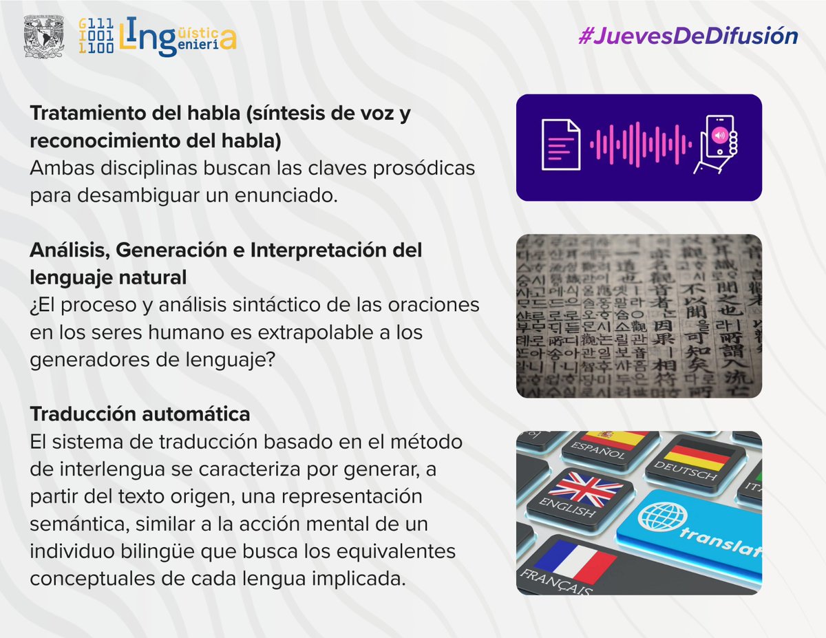GIL_UNAM's tweet photo. En este #JuevesDeDifusión te compartimos algunos puntos en los que la psicolingüística y la lingüística computacional se apoyan, la primera descifra nuestras destrezas al comunicarnos, la segunda usa esa información para crear "hablantes digitales". https://t.co/6TjEq960Ql