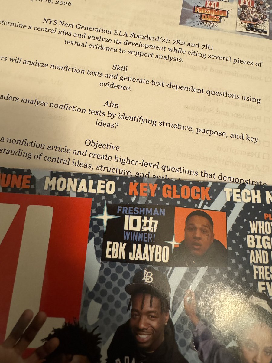 NewYorkStakz's tweet photo. I used the @XXL Magazine’s 2025 Freshman Class edition in my seventh grade ELA class. My scholars were excited to discuss hip-hop and rap while analyzing a nonfiction text, and they even created their own quiz using the magazine. @VSattenXXL https://t.co/BPnmkpvZbo