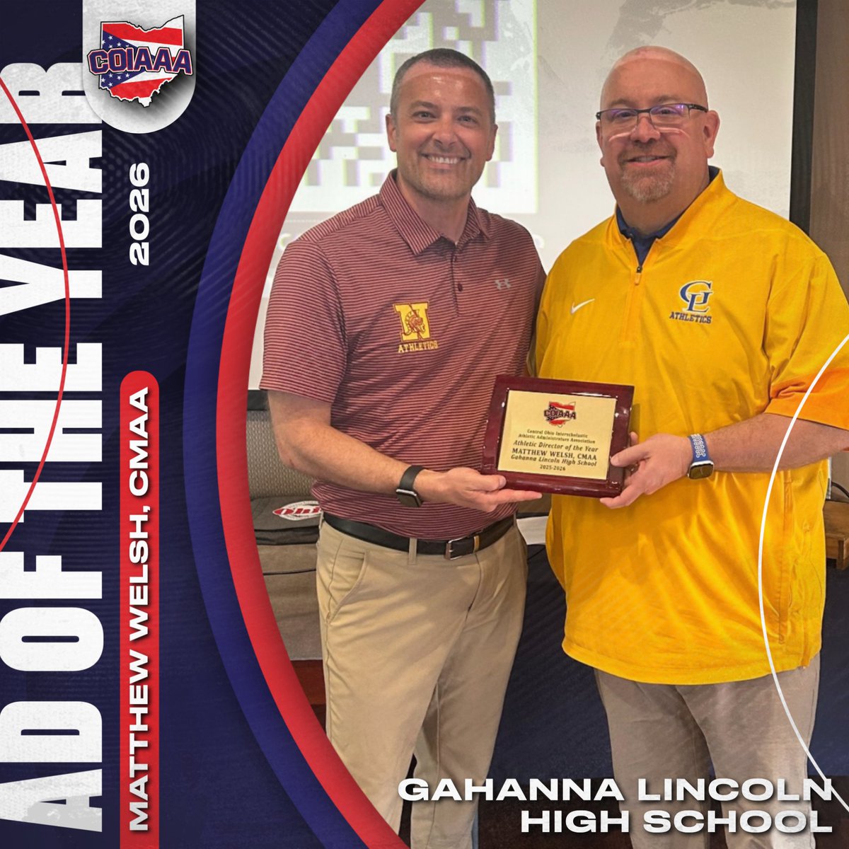 Congratulations to Gahanna Lincoln's Matthew Welsh, CMAA, for being awarded the 2025-26 Athletic Director of the Year at today's COIAAA Spring Workshop!
<a href="/ohioiaaa/">OIAAA</a> <a href="/NIAAA9100/">NIAAA</a> <a href="/GahannaJeffersn/">Gahanna-Jefferson</a> <a href="/GLHS_Updates/">Gahanna Lincoln High School Updates</a> <a href="/GLHS_Athletics/">Gahanna Lincoln Athletics</a> <a href="/GLHSLions/">Gahanna Lincoln HS</a> <a href="/MatthewWelshAD/">Matthew Welsh, CMAA</a>