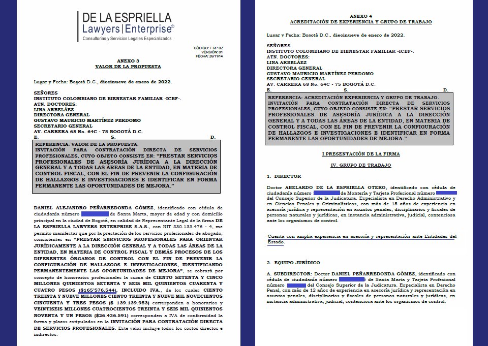 Miren como la firma de abogados de Abelardo de la Espriella solicitaba la firma de millonarios contratos con el Estado. Este fue el último contrato solicitado ante el ICBF en el Gob Duque. No solo SÍ ha vivido de la teta del Estado sino que pedía a borbotones los dineros públicos