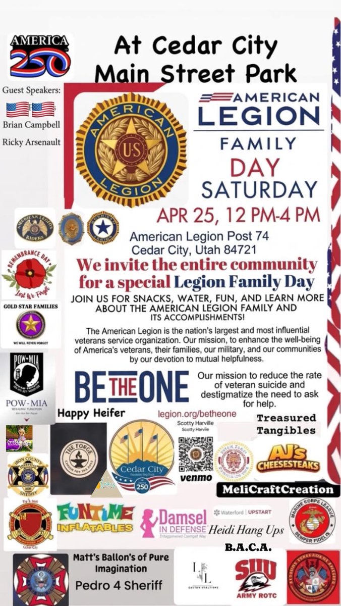 SHidesertdog's tweet photo. Presented by American Legion Cedar City Post 74 &amp; Auxiliary Unit 74. 
JOIN US FOR SNACKS, WATER, FUN, AND LEARN MORE ABOUT THE AMERICAN LEGION FAMILY AND ITS ACCOMPLISHMENTS! https://t.co/KdqB1QAFDt