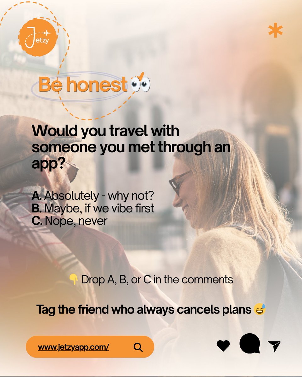 Ever felt like traveling but had no one to go with? 👀  What if you could meet like-minded travelers in your city and explore together? From spontaneous coffee plans to full trips, Jetzy makes it happen, So tell us honestly would you travel with strangers or not? 
#Jetzy #Travel