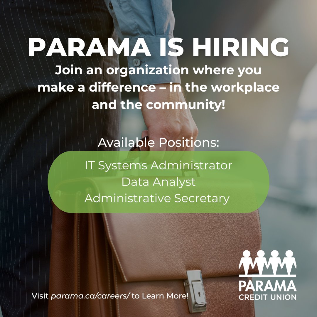 ParamaCU's tweet photo. 💼Parama is currently hiring for the following positions:
- IT Systems Administrator
- Data Analyst
- Administrative Secretary

Interested in building a career with Parama? Visit https://t.co/j7QpOBZtQ2 to learn more and explore available positions. https://t.co/X7455r5v2m