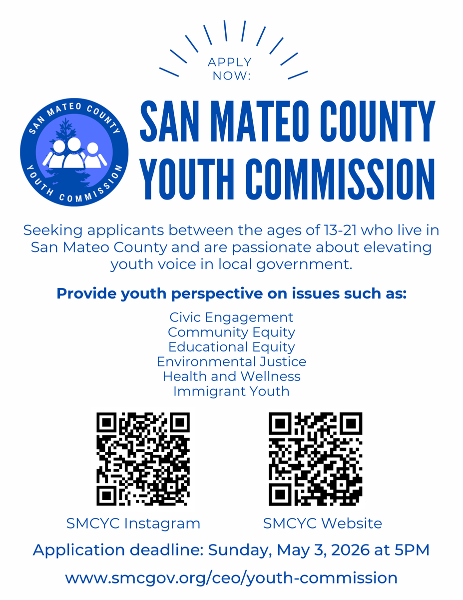 sanmateoco's tweet photo. The San Mateo County Youth Commission helps young people have a voice in county government.

Two youth opportunities open:

2026-27 Cohort
Apply by May 3, 2026
 https://t.co/sFvF43NIv8

Immigrant Youth Scholarship
Apply by May 7, 2026
 https://t.co/lUIGbsHyjM https://t.co/lUselQN017