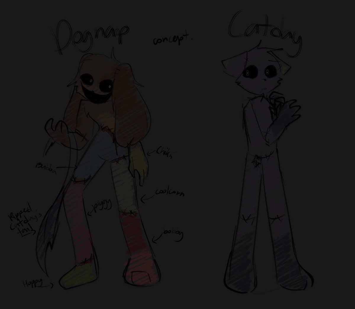 walten101's tweet image. Im back with this concept.

I kept the OG concept of OG-Dogday have no legs, but! In this au he has parts of the other critters

CatDay(swapped Catnap) is alive and not locked in one room unlike OG-Dogday, but his tail is ripped 

#SmilingCritters #SmilingCrittersAU (Swapped AU)