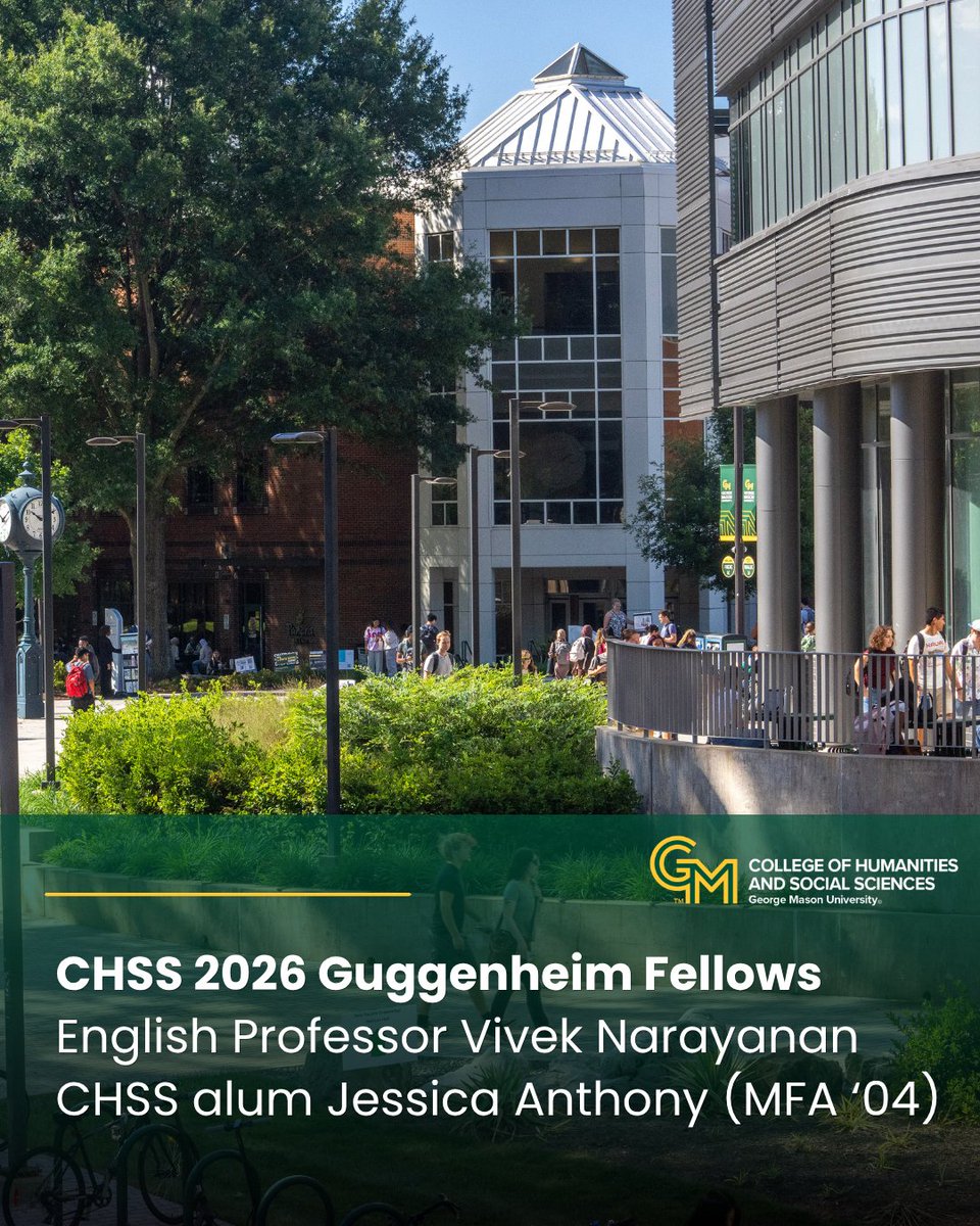 GeorgeMasonCHSS's tweet photo. An enthusiastic congratulations to Associate English Professor Vivek Narayanan and CHSS alum Jessica Anthony (MFA '04), who have both been named 2026 Guggenheim Fellows! 🎉💚💛

The CHSS community is so proud of your commendable achievement! #guggfellows2026 https://t.co/NqvFsJcvyB