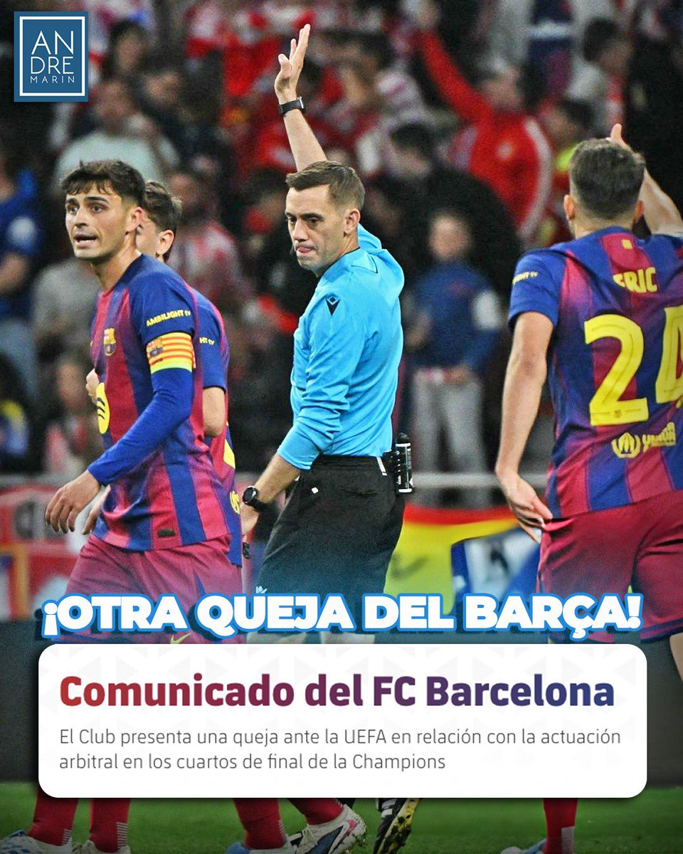 ¡OTRA QUEJA DEL BARÇA!

Laporta lo advirtió ayer y hoy lo cumplieron... el Barcelona emitió otro comunicado quejándose con la UEFA por los arbitrajes recibidos en Champions vs Atlético de Madrid:

- "El Club considera que, a lo largo de los dos partidos de la eliminatoria, se
