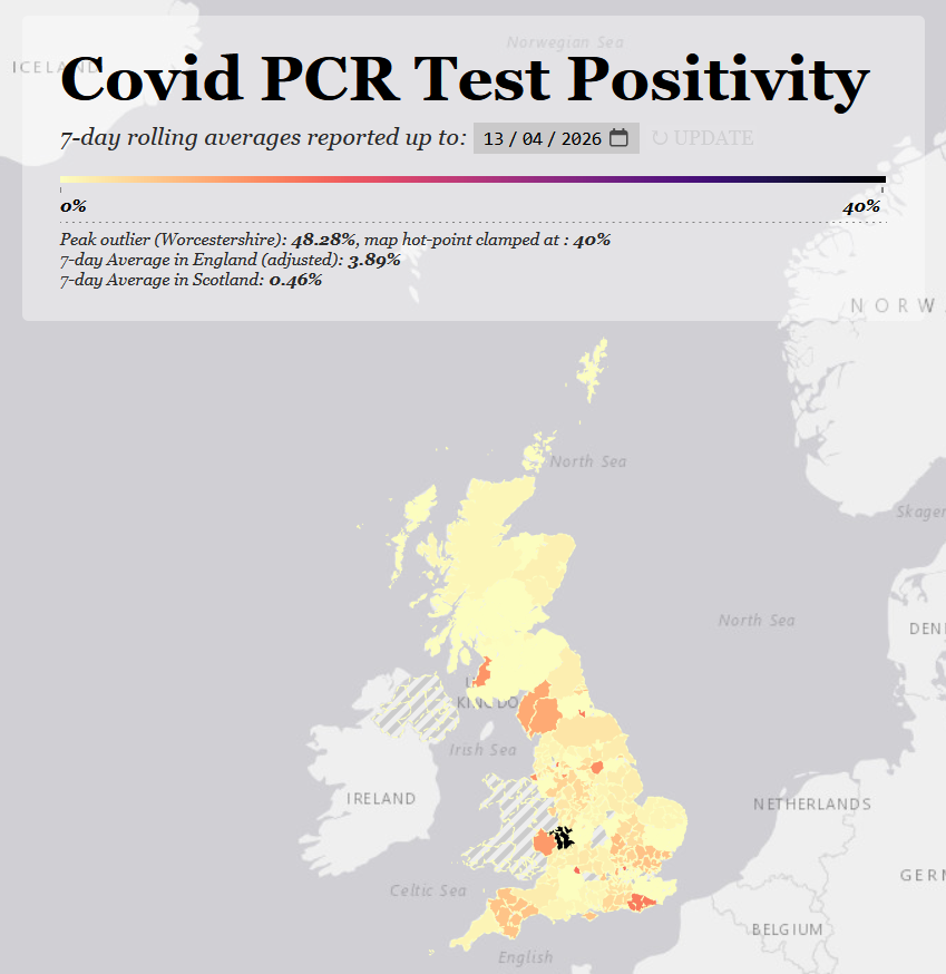 skeuomorphology's tweet photo. The PCR positivity map is out, national positivity has barely shifted at 2%, and the hotspots aren't shifting either.

Most of these are around or slightly over 10%.

https://t.co/1phcyp7jth

1/5 https://t.co/Oe3MSQac53