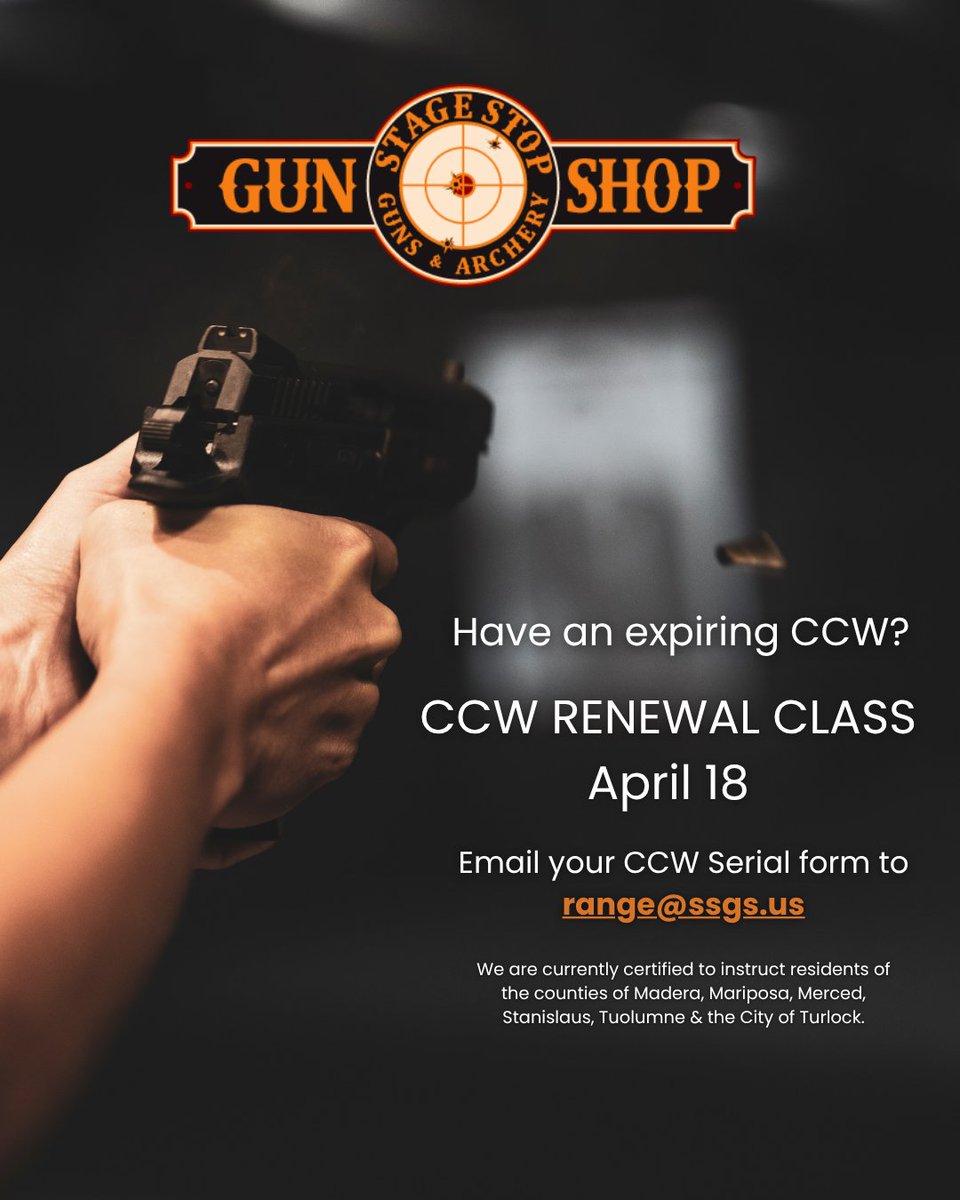 stagestopgun's tweet image. Have an expiring CCW? Join our class this weekend to keep your CCW up to date. 

Call or stop by the shop to reserve your spot. Payment is required upfront. Qualify with up to 3 guns. Cost is $160. 

#CCWTraining #CCWRenewal #StageStopGunShop