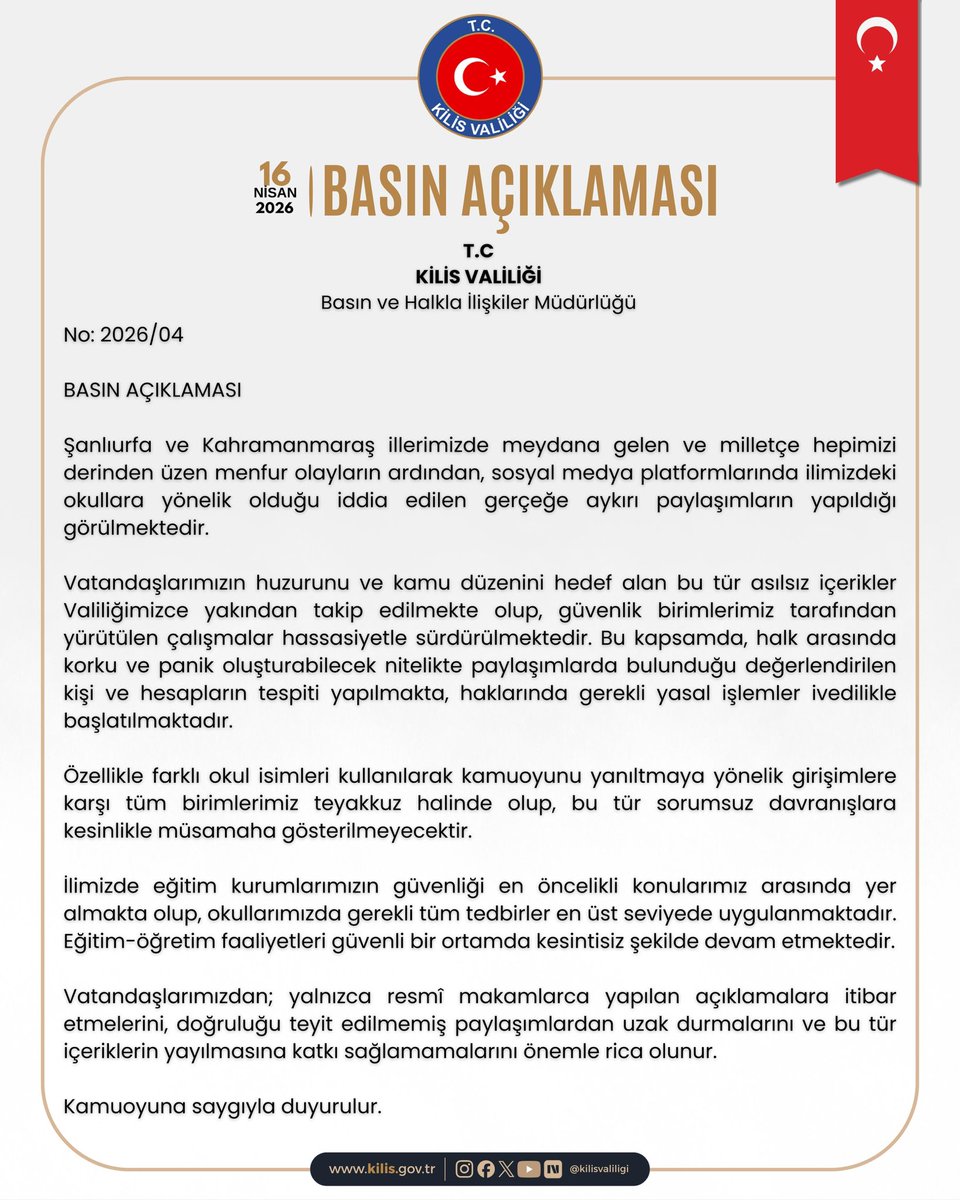 Basın Açıklaması 

👉🏻 kilis.gov.tr/basin-aciklama…