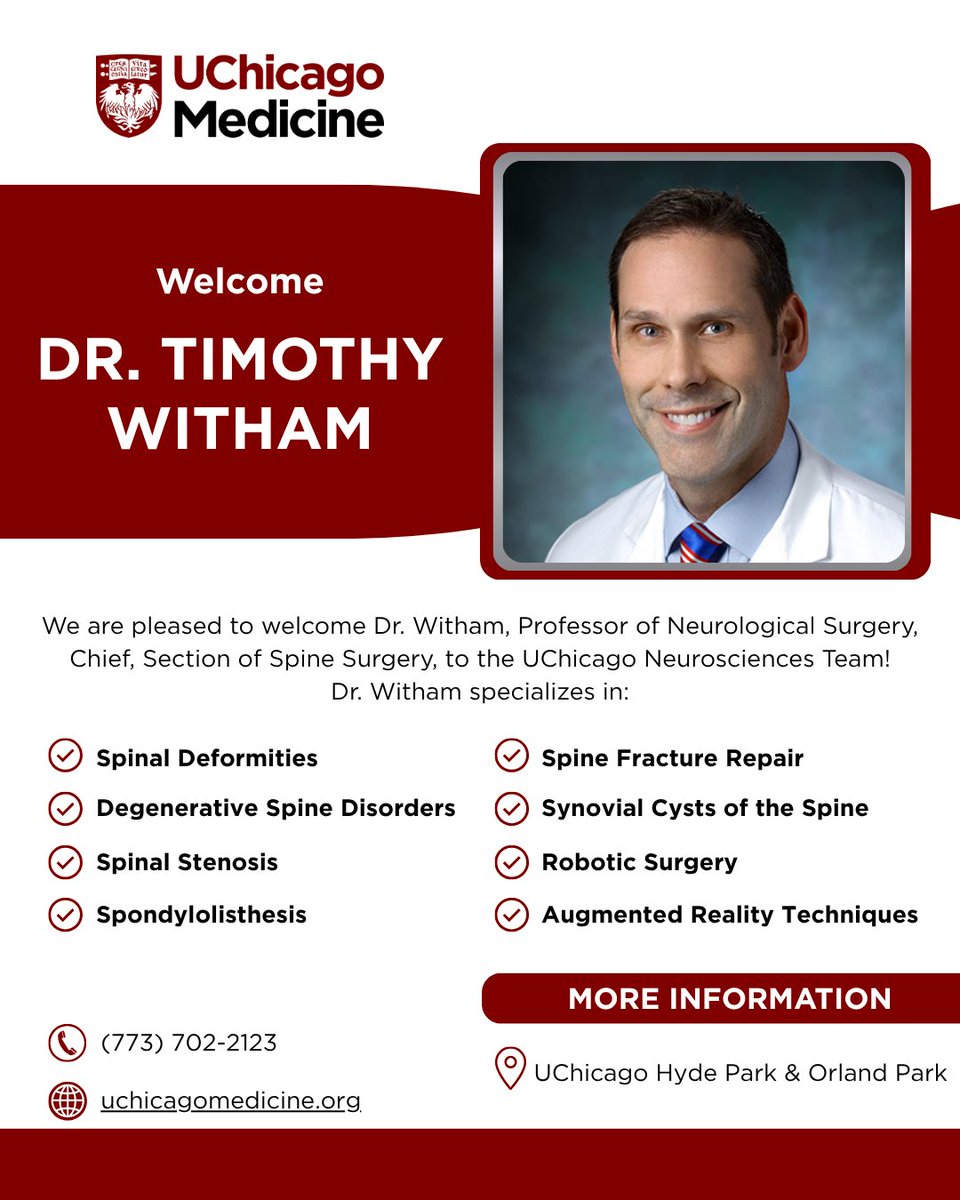 UChiNeurosurg's tweet photo. We’re proud to have Dr. @TimWithamMD at @UChicagoMed and are excited to highlight the exceptional care he provides.

Dr. Witham offers expert treatment for a wide range of neurosurgical conditions, delivering advanced, patient-centered care with compassion and precision.

If you or a loved one are seeking specialized neurosurgical expertise, we are currently scheduling patients. Contact our office to make an appointment.

Contact our office: 773-702-2123