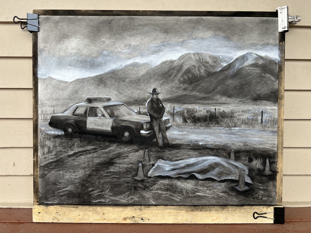 dwightcushman's tweet photo. "Dead Calm"

There is a specific kind of quiet that settles over a scene like this. A lone deputy waits at the edge of the world, holding space until his hand-off arrives.

Charcoal on Paper
22" x 28"

#CharcoalDrawing #WyomingHighways #ContemporaryRealism https://t.co/WZ341PXtyq