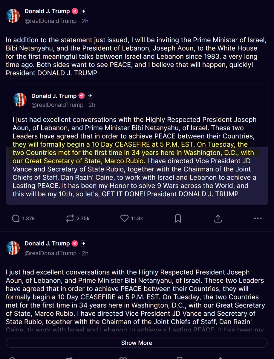BonVangUFO's tweet image. POTUS:
they will formally begin a 10 Day CEASEFIRE at 5 P.M. EST. On Tuesday, the two Countries met for the first time in 34 years here in Washington, D.C., with our Great Secretary of State, Marco Rubio.