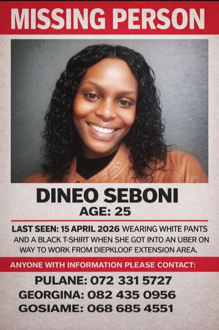 <a href="/mohale_motaung/">Mohale Motaung</a> Hello, please could you help me amplify this? My sister, Dineo Seboni (25), is missing.
She was last seen yesterday, 15 April, in Diepkloof Extension getting into an Uber for work.
A share from your account would mean the world and could help us find her. Thank yo
