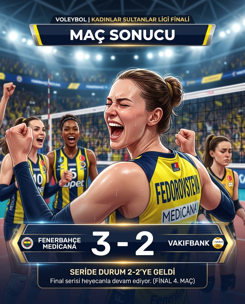 Feneristcom's tweet image. MAÇ SONUCU | Fenerbahçe Medicana 3-2 Vakıfbank 

Final serisinde durumu 2-2’ye getirdik.

Tebrikler Sarı Melekler👏👏

#Fenerbahce #Futbol #voleybol
