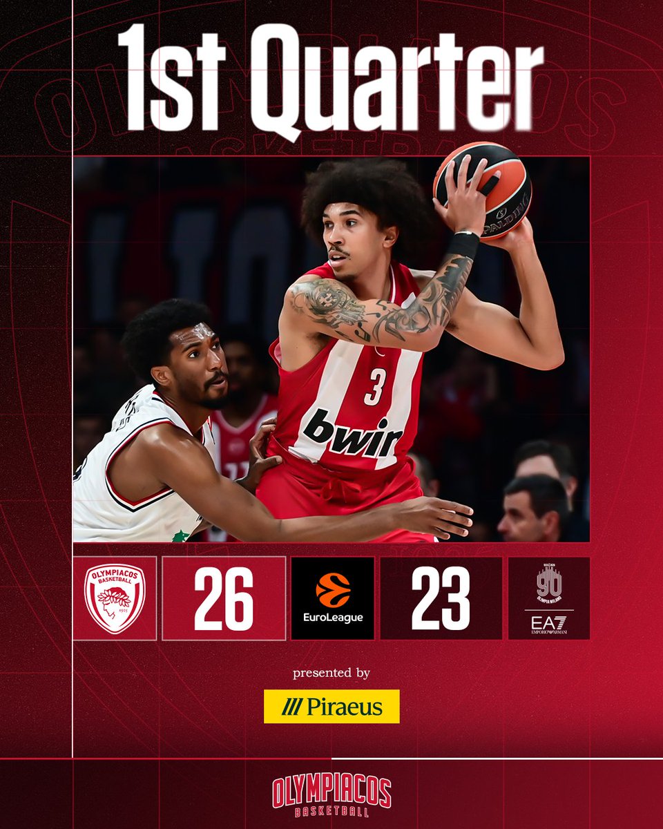 Olympiacos_BC's tweet photo. 1st Quarter Ends 🏀 #OlympiacosBC - EA7 Emporio Armani Milan 26-23 #EveryGameMatters #WeAreOlympiacos #TogetherWeFight #OLYEA7 https://t.co/aJCVQ97Ypv