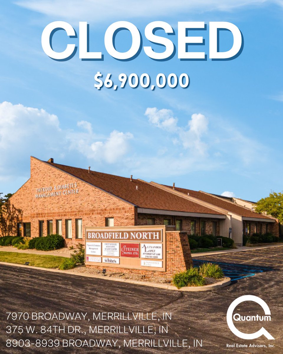 QuantumChicago's tweet photo. JUST CLOSED! The Quantum Investment Sales team successfully brokered the sale of a three-building, multi-tenant portfolio located in Merrillville, IN. The Midwest buyer was attracted to the potential of these three properties and plans to bring new life to the portfolio!

#QREA https://t.co/oPHU3SgfJi