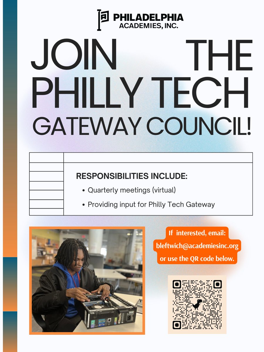 AcademiesInc's tweet photo. Are you interested in shaping the future of tech professionals?

We are looking for individuals to serve on our Philly Tech Gateway Council, ideally in the tech or tech-adjacent field.

If interested, use the QR code in the flyer, or email bleftwich@academiesinc.org https://t.co/OLRCX8pKHj