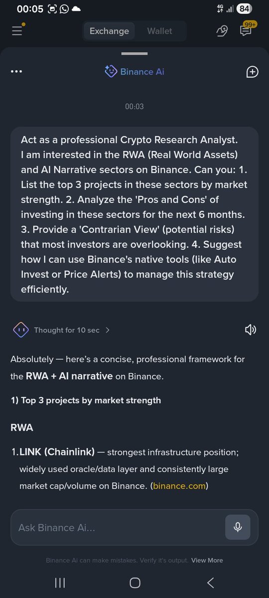 Thilini000's tweet photo. @binance I used it to analyze RWA &amp; AI narratives. Asking for a 'Contrarian View' on risks helped refine my plan. Using these insights with Binance Auto Invest is a game changer for my portfolio!
🖤💛
​Check the workflow! 👇
​#BinanceAI @binance https://t.co/l3BsTISOst