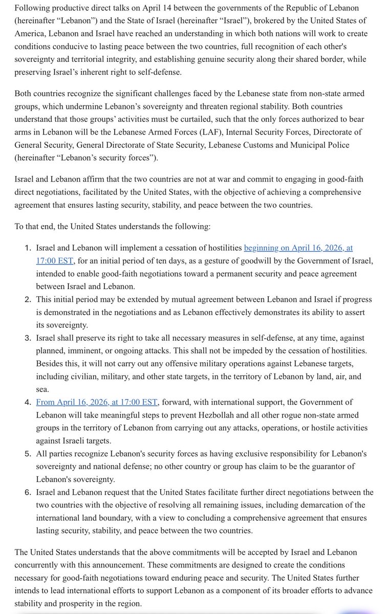 Olivia_Gazis's tweet image. On the 10-day cessation of hostilities, the governments of Israel and Lebanon agreed to the below text, according to the State Department: