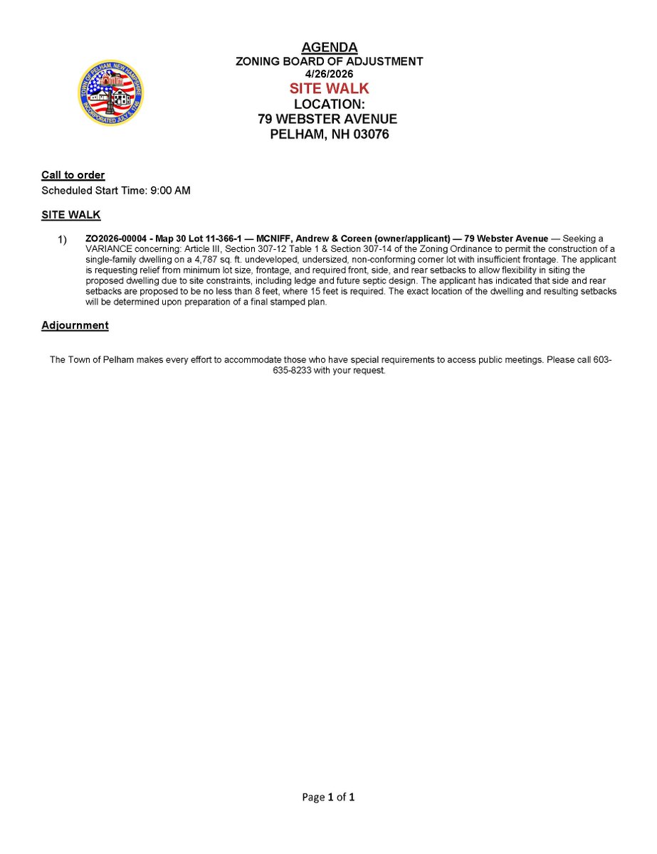 Zoning Board of Adjustment Site Walk Agenda for 4-26-2026 at 9AM. The meeting location will be at 79 Webster Avenue, Pelham NH.