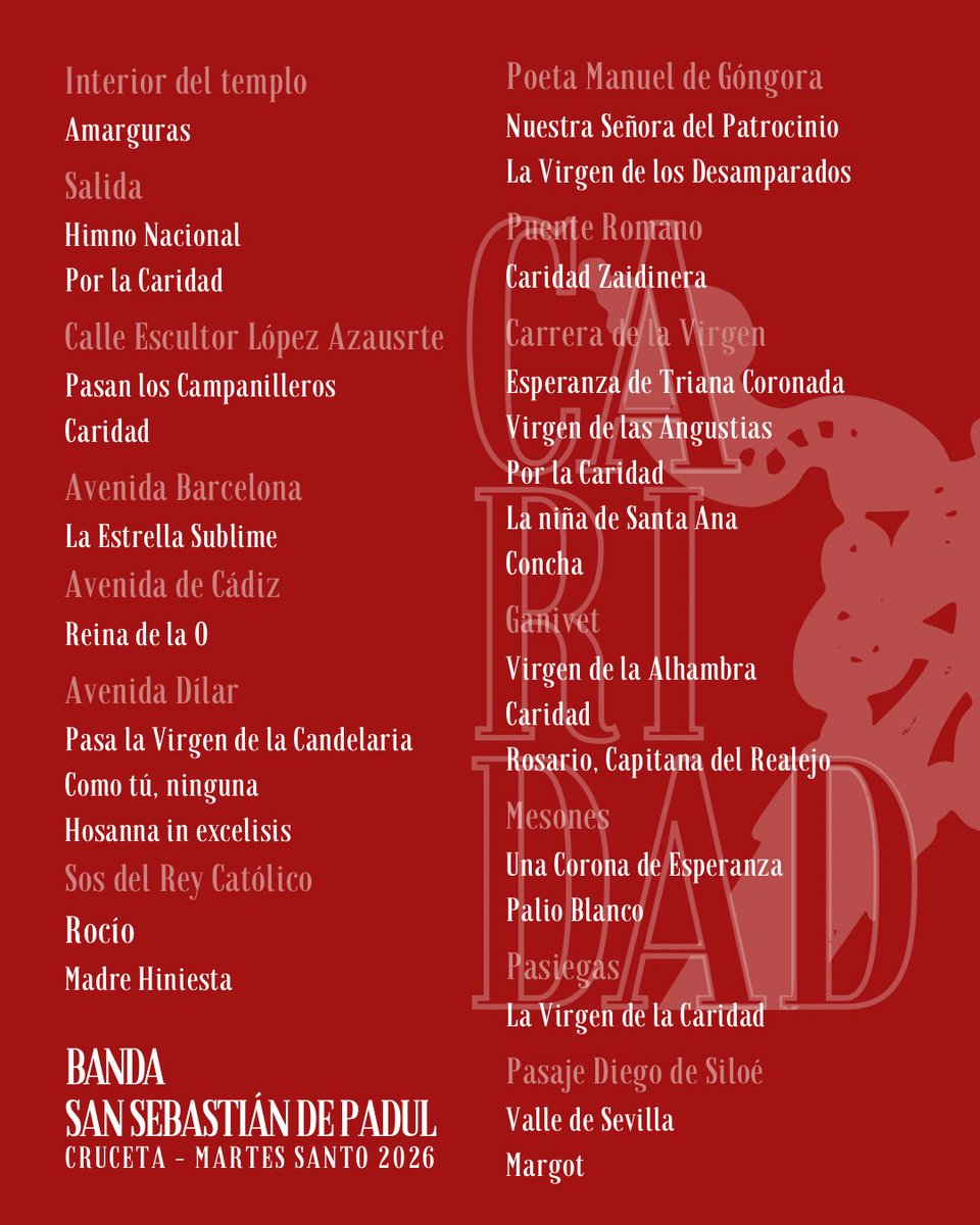 bandapadul's tweet photo. 🔴 𝐂𝐫𝐮𝐜𝐞𝐭𝐚 𝐂𝐚𝐫𝐢𝐝𝐚𝐝 • 𝐌𝐚𝐫𝐭𝐞𝐬 𝐒𝐚𝐧𝐭𝐨

Relación de marchas interpretadas el pasado 𝐌𝐚𝐫𝐭𝐞𝐬 𝐒𝐚𝐧𝐭𝐨 tras 𝑀𝒶𝓇í𝒶 𝒮𝒶𝓃𝓉í𝓈𝒾𝓂𝒶 𝒹𝑒 𝓁𝒶 𝒞𝒶𝓇𝒾𝒹𝒶𝒹.

#SuenaSanSebastián • @LanzadaGranada https://t.co/ejqHEG1YjV