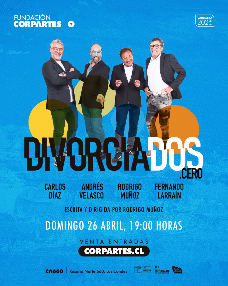 CorpArtes's tweet image. PRÓXIMA SEMANA🚨
¡Elenco de lujo! No te pierdas la comedia teatral "Divorciados 2.0". Cuatro ex maridos en escena desplegan toda su creatividad (y desesperación) para salir del paso.

🔴Entradas y descuentos: ticketplus.cl/events/divorci…

#Chile #Teatro #Santiago
@carlosdiazleon_