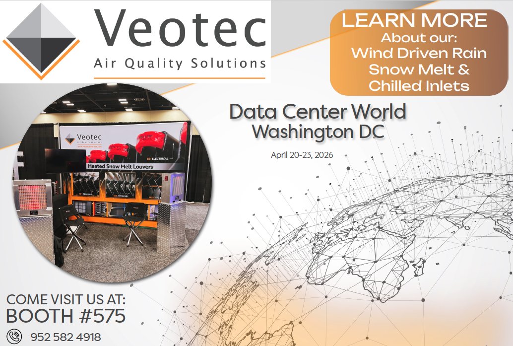 Veotec's tweet photo. Veotec will have heated snow melt air inlet louvers that can also cool incoming air at the Data Center World Expo in Washington, D.C. April 20-23. Stop by Booth 575 to see how you can heat or chill your air inlets. https://t.co/OWlnKyN4hM https://t.co/aLCfUNwgod