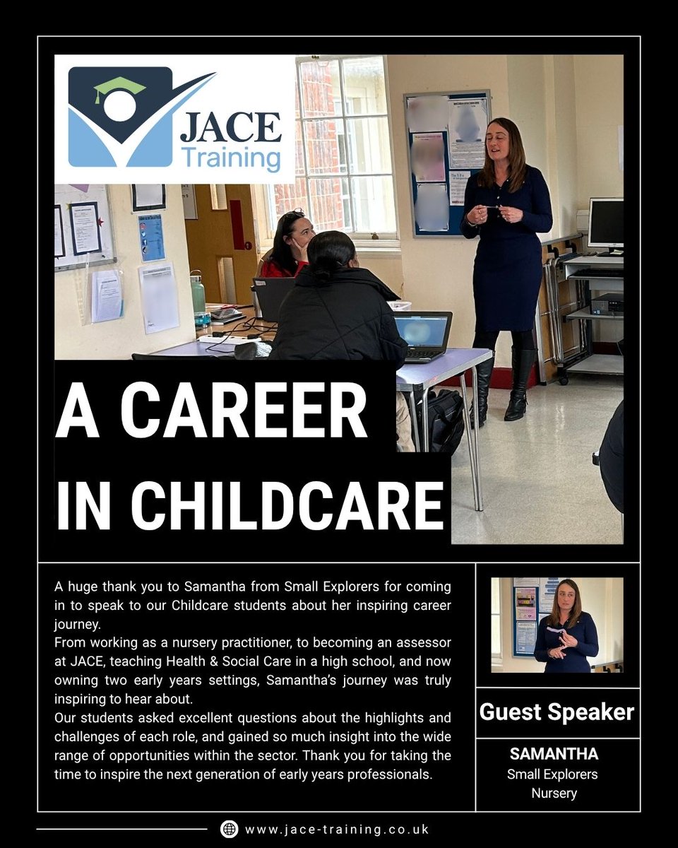 JACETraining's tweet photo. Thank you so much to Sam for visiting JACE Training and delivering a brilliant career talk to our childcare students! Your amazing journey was so inspiring and will definitely help our students as they plan their own career paths #careertalk #apprenticeships #childcare https://t.co/Inn2o3ETRB