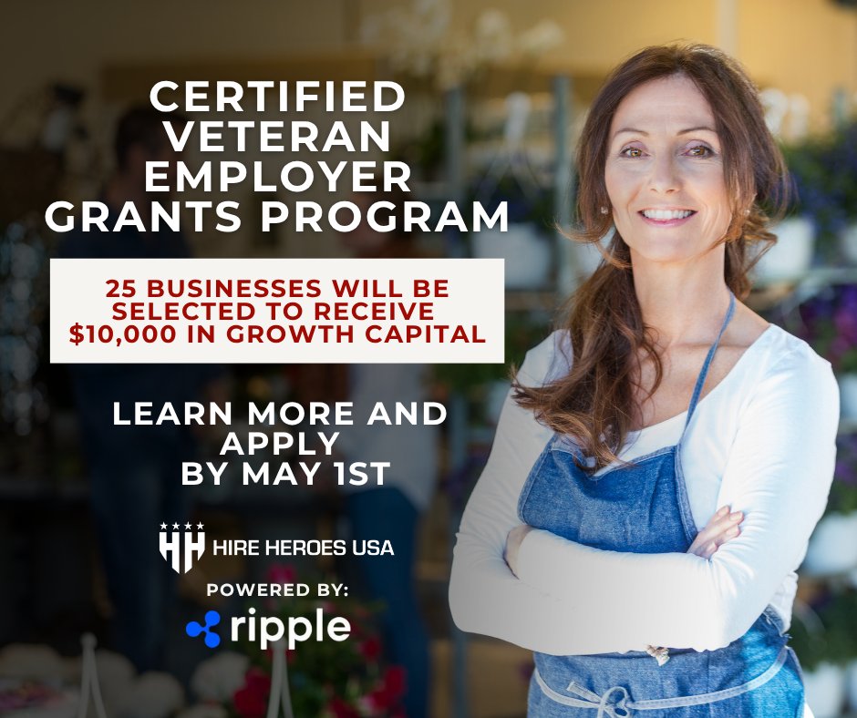 HireHeroesUSA's tweet photo. Applications are now open!

Hire Heroes USA is launching The Ripple Effect: Certified Veteran Employer Grants Program, powered by @Ripple

25 veteran- and military spouse-owned businesses will receive $10K + training to grow and hire.

Apply by May 1: https://t.co/8igOXU5MWP https://t.co/84pQ3Jzdwx