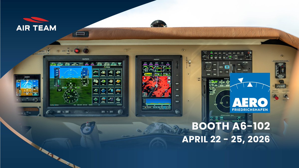 airteameu's tweet image. ✈️ AERO Friedrichshafen 2026 
📍 Booth A6-102 📅 April 22–25
Full glass cockpit retrofits 🔧 Garmin G500 TXi, GTN 750Xi, GFC 600 | EASA Part 21J + Part 145 | Meet our crew on-site 👥
YOUR MISSION. OUR TECHNOLOGY. #AERO2026 #Avionics #Garmin #GlassCockpit