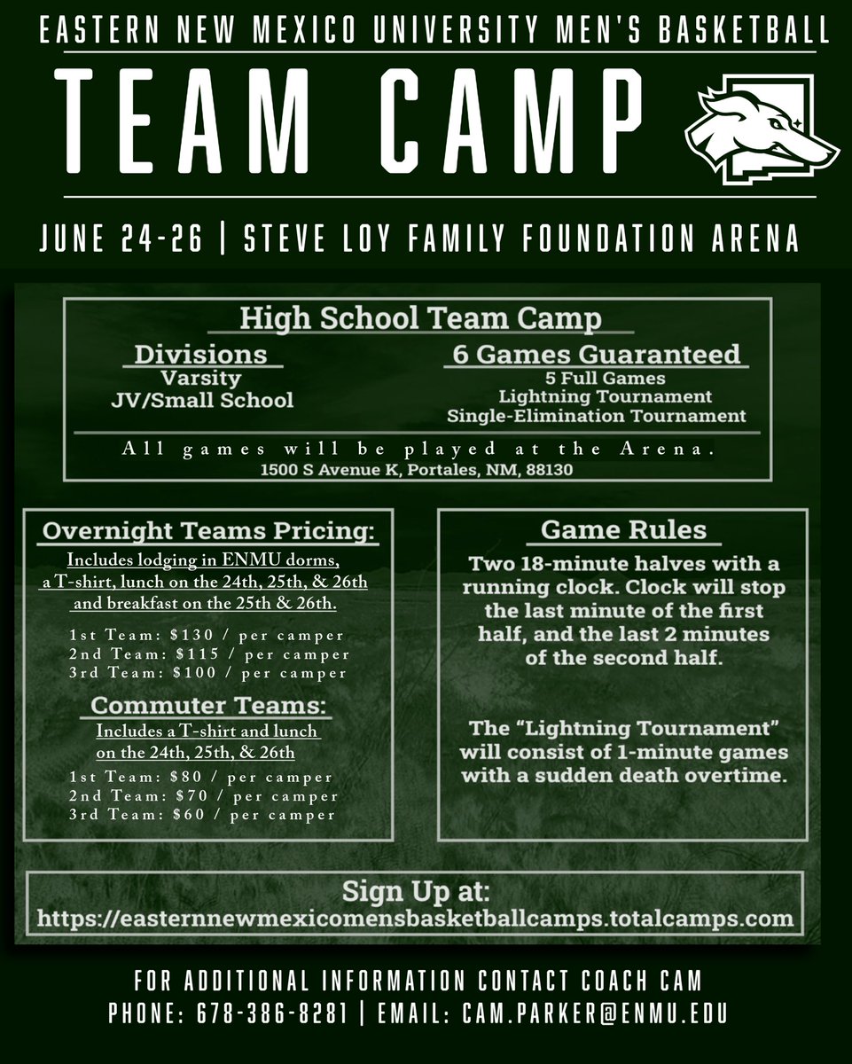 enmubasketball's tweet photo. 🚨CAMP UPDATE🚨
2026 ENMU TEAM CAMP
🏀June 24-26
📍Steve Loy Family Foundation Arena https://t.co/fkPXwQrXqg