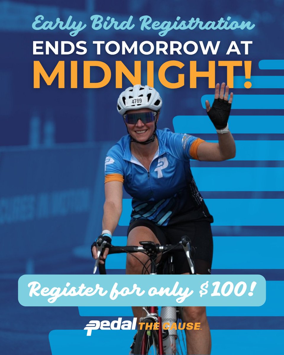 pedalthecause's tweet photo. 🚨 THIS IS IT, #PedalFamily! TOMORROW (4/17) is your LAST day to lock in our Early Bird Registration Rate of just $100—that’s $75 in savings as we celebrate 17 years of Pedal the Cause. Prices increase at midnight.

🔗 REGISTER NOW &amp; secure your spot: https://t.co/ebOFar17IP https://t.co/Fwe5449gjR
