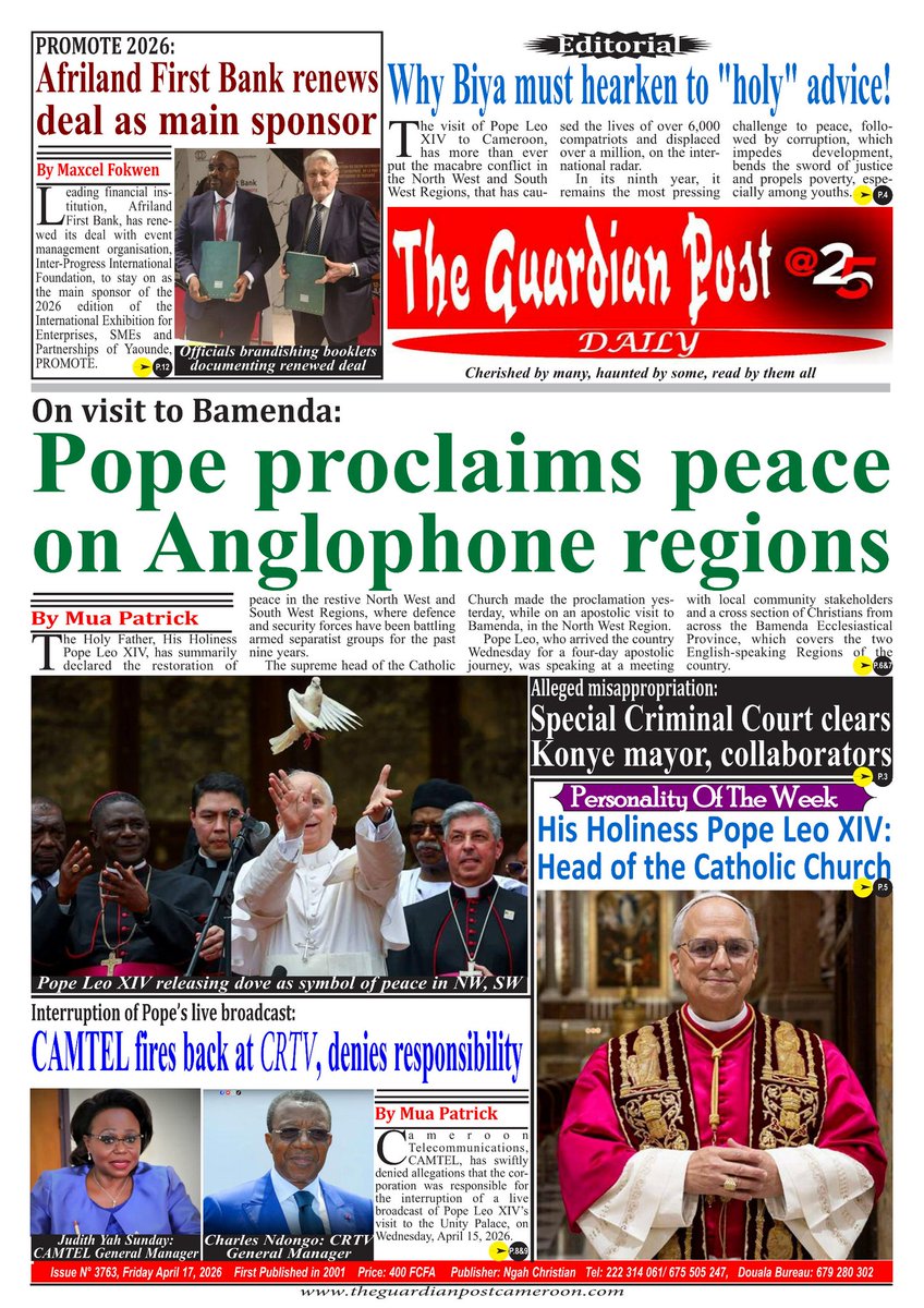 Cameroon 🇨🇲: Pope Leo XIV's visit rekindles hope for peace and social cohesion. 

#popevisit 
#Vatican
#Cameroon
#PopeLeo