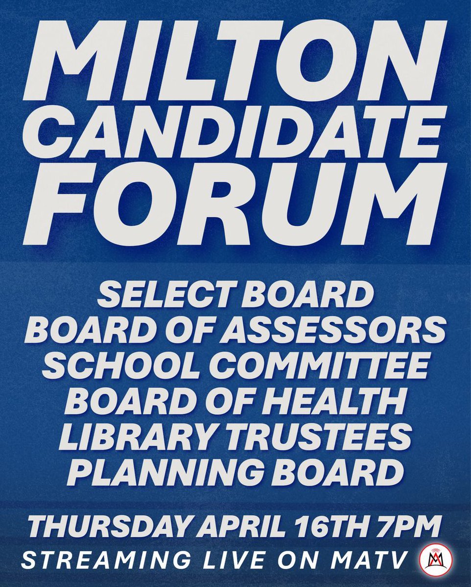 MiltonAccessTV's tweet image. TUNE IN TONIGHT!

Catch the MATV Candidate Forum LIVE a 7pm with the @miltonpublicschools High School debate team! 

#milton #miltonma