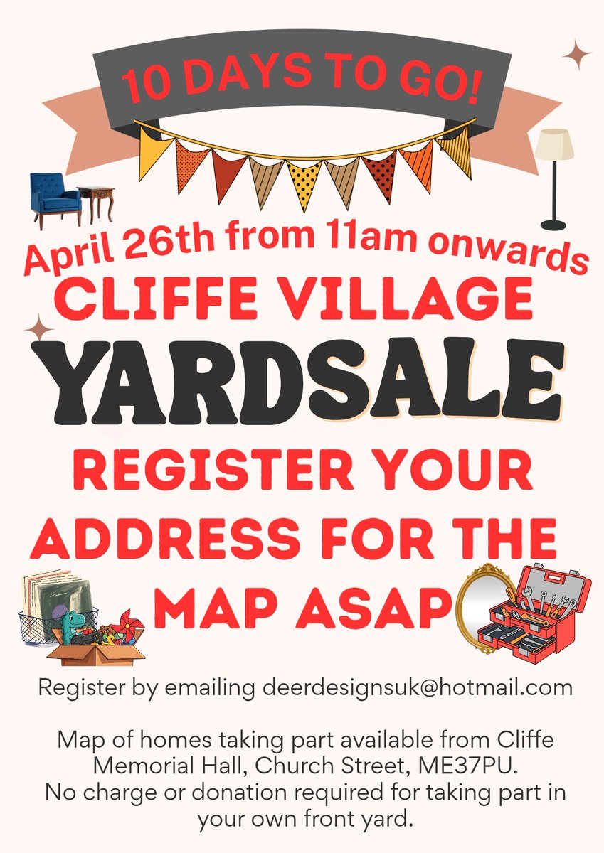 DeerDesigns's tweet photo. If you're not in Cliffe but want a stall, the Cliffe memorial hall are charging £10 for a stall in their car park, where visitors will collect maps of the yard sale first. Contact me for a stall or to register your address.
#yardsale #cliffekent #cliffe #cliffewoods #bootfair https://t.co/7vwENWYUv1