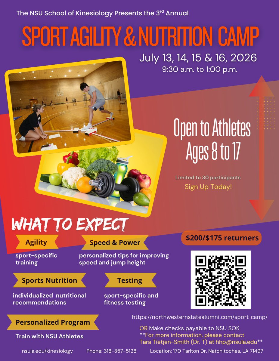 NSUkinesiology's tweet image. The date is set for the 3rd annual NSU Sport Agility &amp;amp; Nutrition Camp! We hope to see both returners and new campers! #SportCamp #SummerCamp #Kinesiology #Nutrition #Natchitoches
