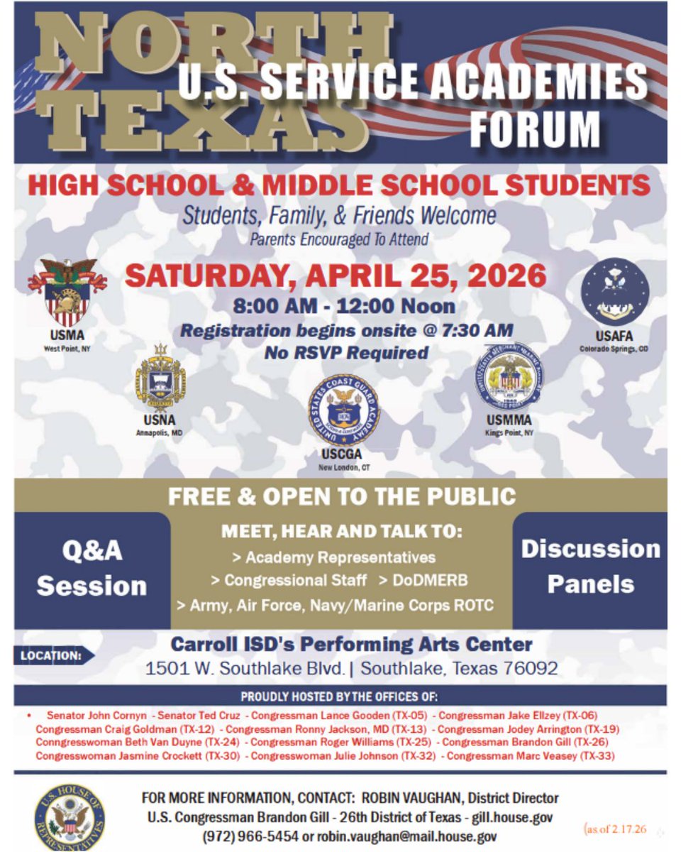 Carroll ISD is proud to host the 2026 North Texas U.S. Service Academies Forum!

Students and families will have the opportunity to meet representatives from the U.S. Military Academy, Naval Academy, Coast Guard Academy, Merchant Marine Academy, and Air Force Academy, along with