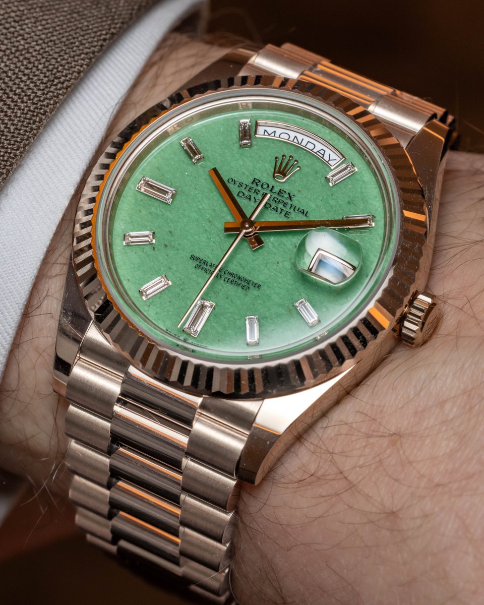 A closer look at Rolex’s new Day-Date in Jubilee Gold.

Introduced as part of the brand’s 100th anniversary of the Oyster case, this 40mm execution features a new proprietary alloy that sits between yellow gold and Everose, offering a softer, warmer tone across the case and